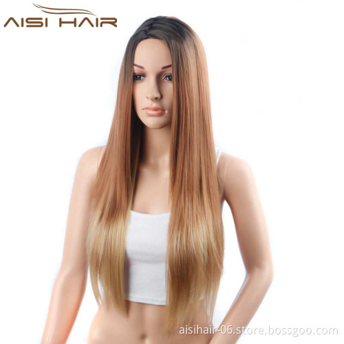 The Best Selling Long Straight Ombre Brown Wigs For Women With Dark Roots Heat Resistant Synthetic Wig